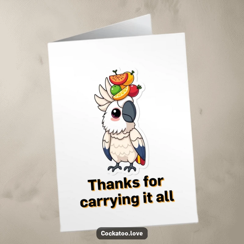 Free printable thank you card featuring a determined cockatoo balancing a vibrant stack of fruits on its head, a fun way to say thanks.