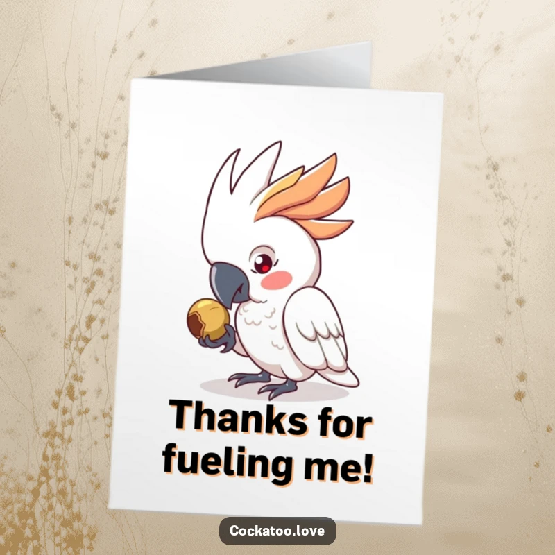 Funny Free Printable Thank You Card: Determined cockatoo pecking seed, a humorous downloadable greeting for expressing gratitude.