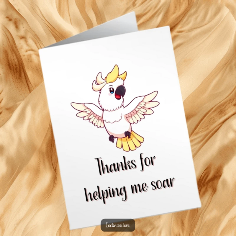 Funny Free Printable Thank You Card: Happy cockatoo spread wings, playfully posing mid-flight with a thankful heart.