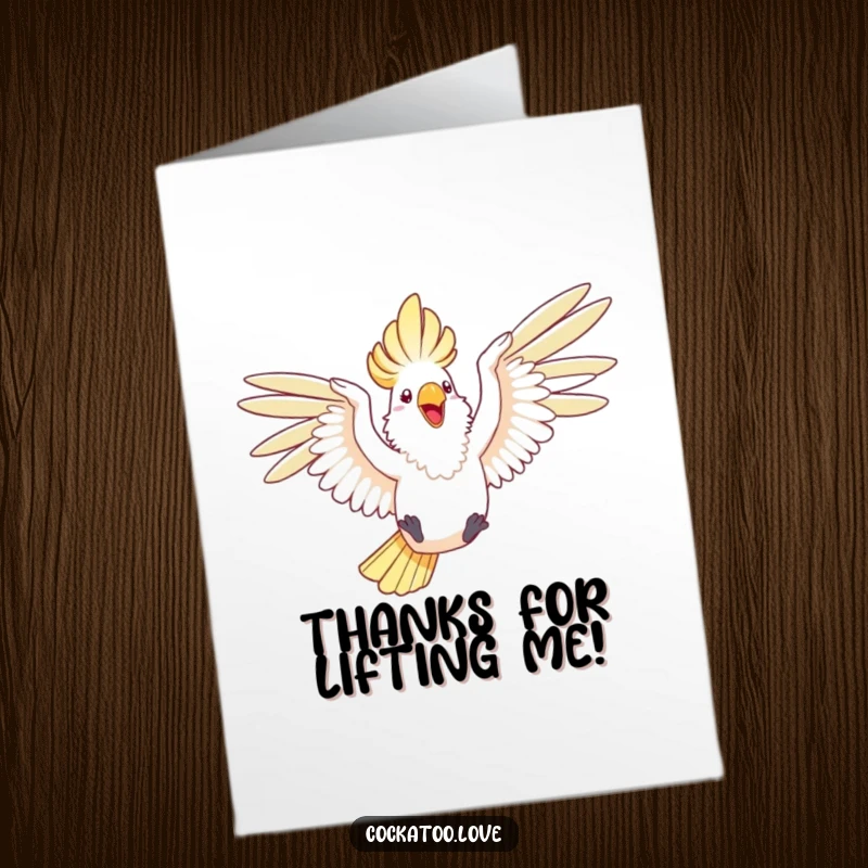 Funny Free Printable Thank You Card: A joyful cockatoo in mid-air with wings spread, embodying happy gratitude.