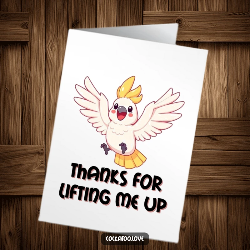 Funny Free Printable thank you card: A happy cockatoo with wings outstretched, leaping through the air to express thanks.