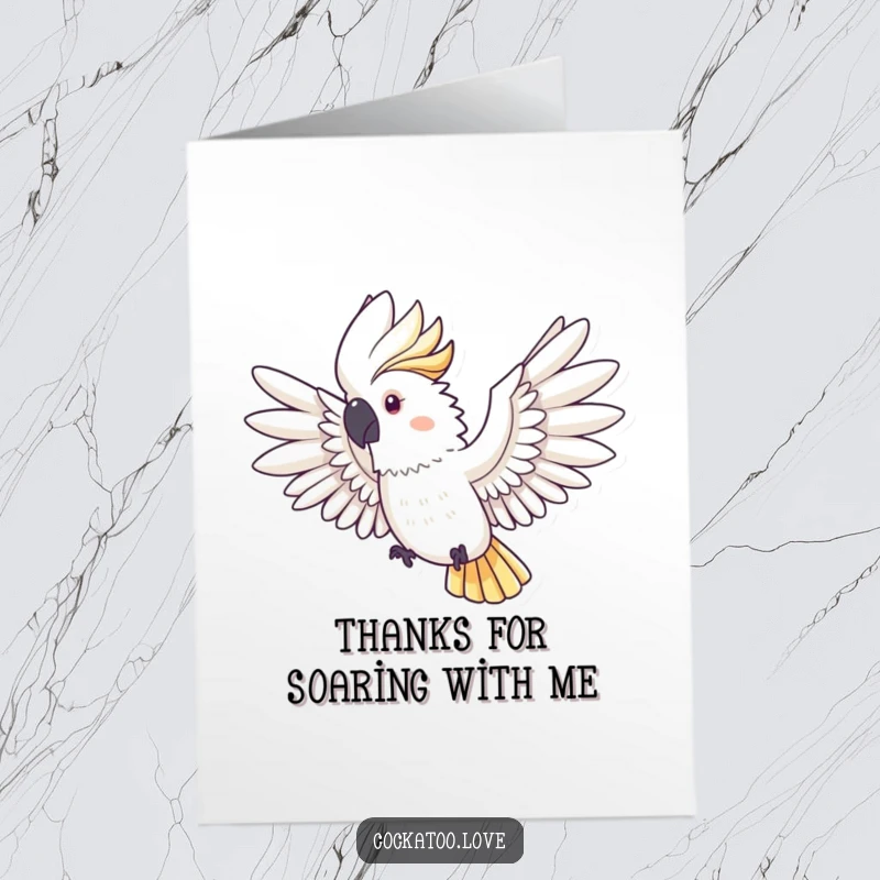 Free Printable Thank You Card: A cockatoo gracefully extends its wings, a symbol of soaring appreciation and thanks.