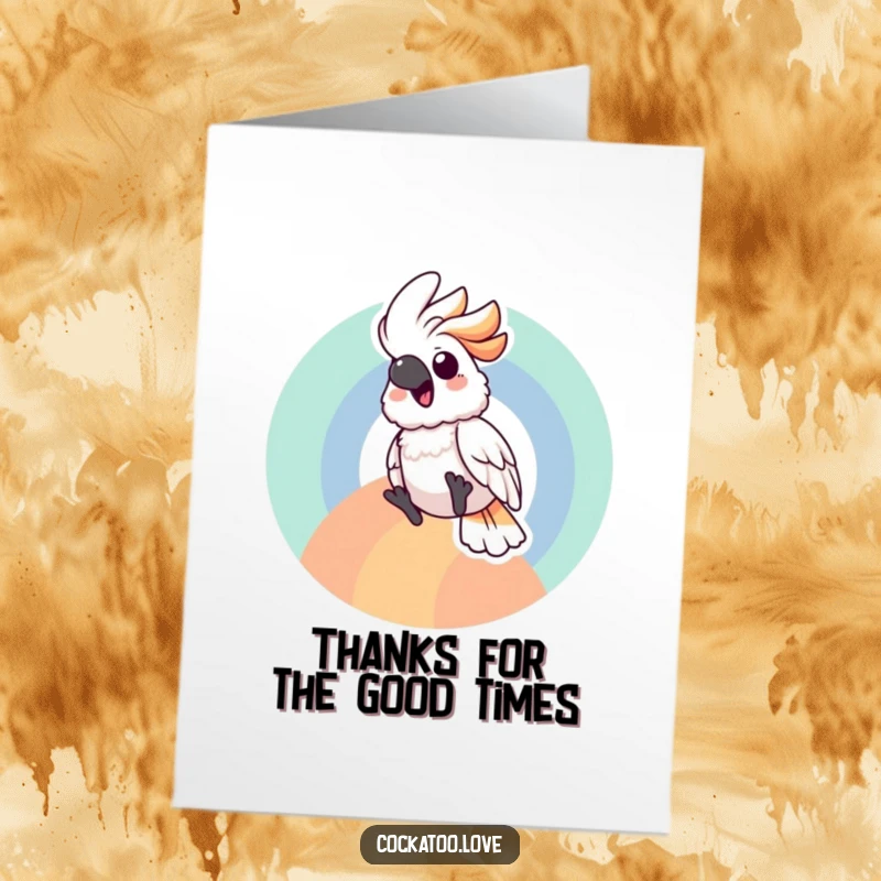 Free printable thank you card featuring a cockatoo sliding gleefully down a vibrant rainbow, adding a fun element to gratitude.