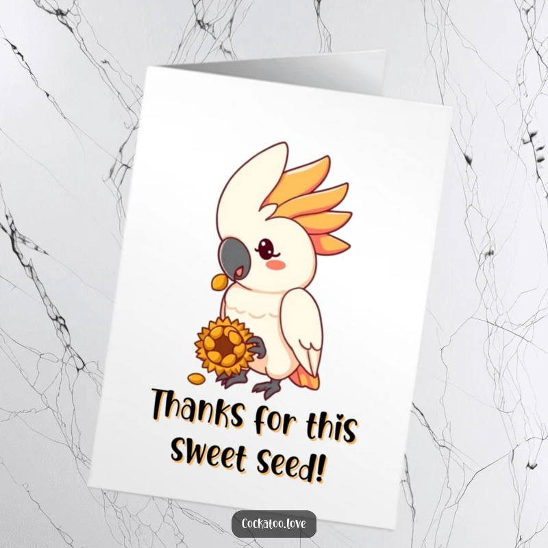 Funny Free Printable Thank You Card: A gentle cockatoo character offering a sunflower seed, a sweet and humorous way to express thanks.