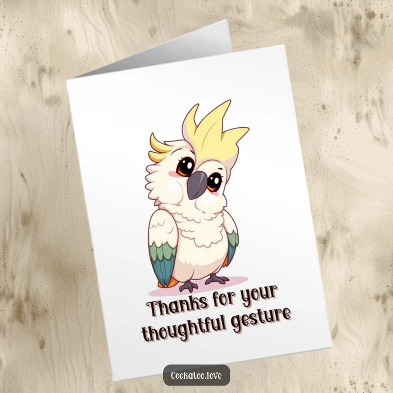 Funny Free Printable Thank You Card: Playful cockatoo tilting its head inquisitively to ask, thanks why?