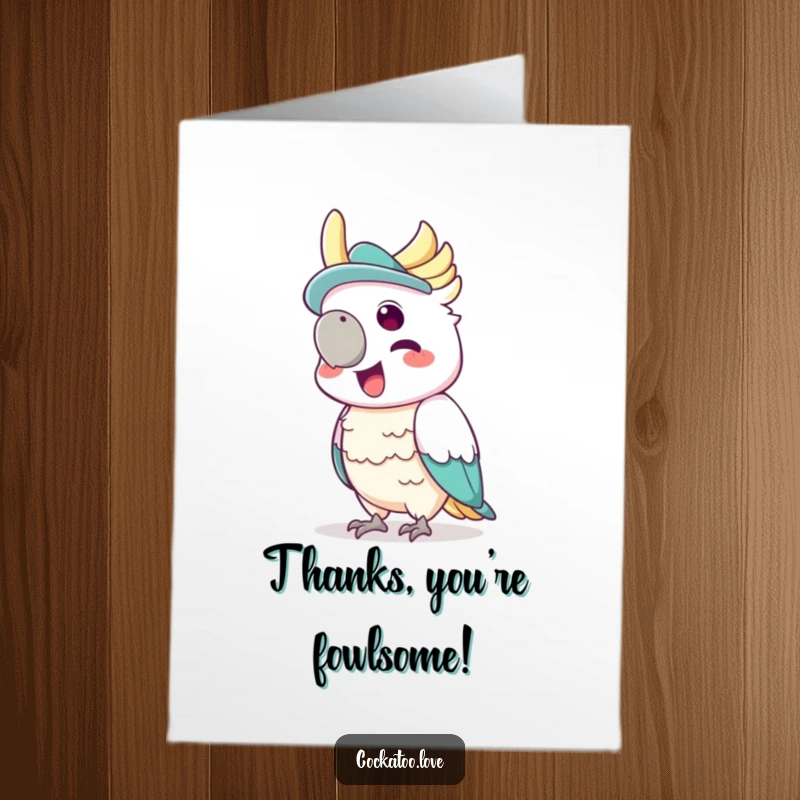 Funny Free Printable Thank You Card: A cockatoo in a party hat squawking happily, expressing thanks with delight.