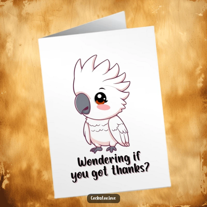 Funny Free Printable Thank You Card: A curious cockatoo tilting its head inquisitively, thanking you.
