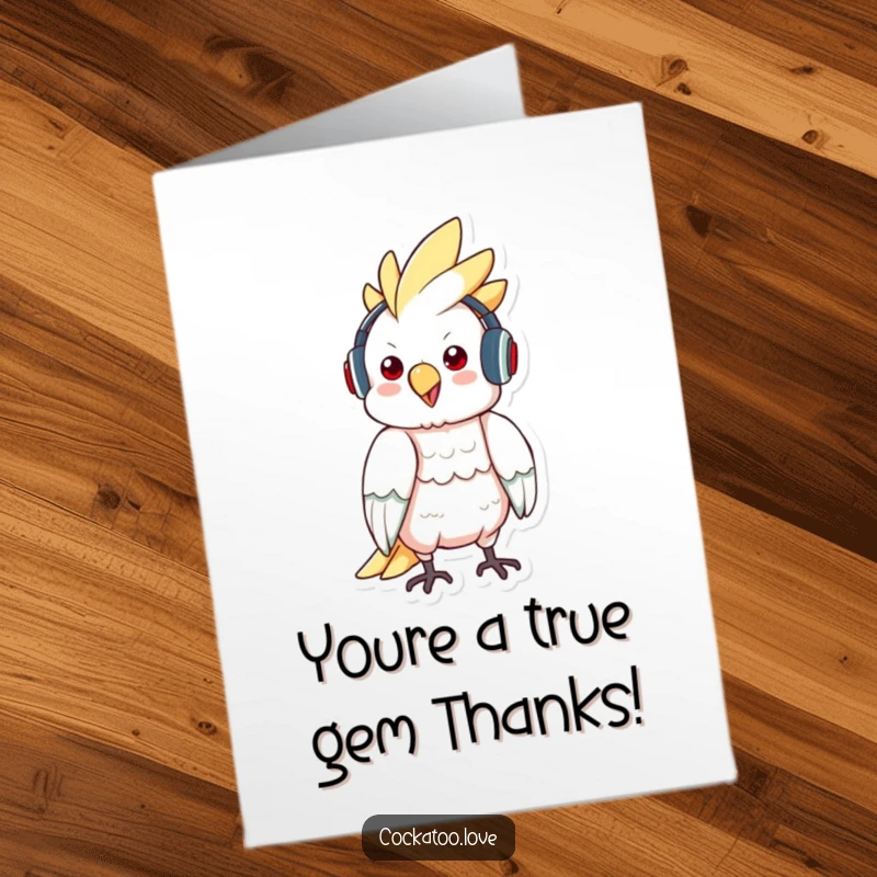 Funny Free Printable Thank You Card with a cockatoo wearing headphones, bopping to music as a sign of thanks.