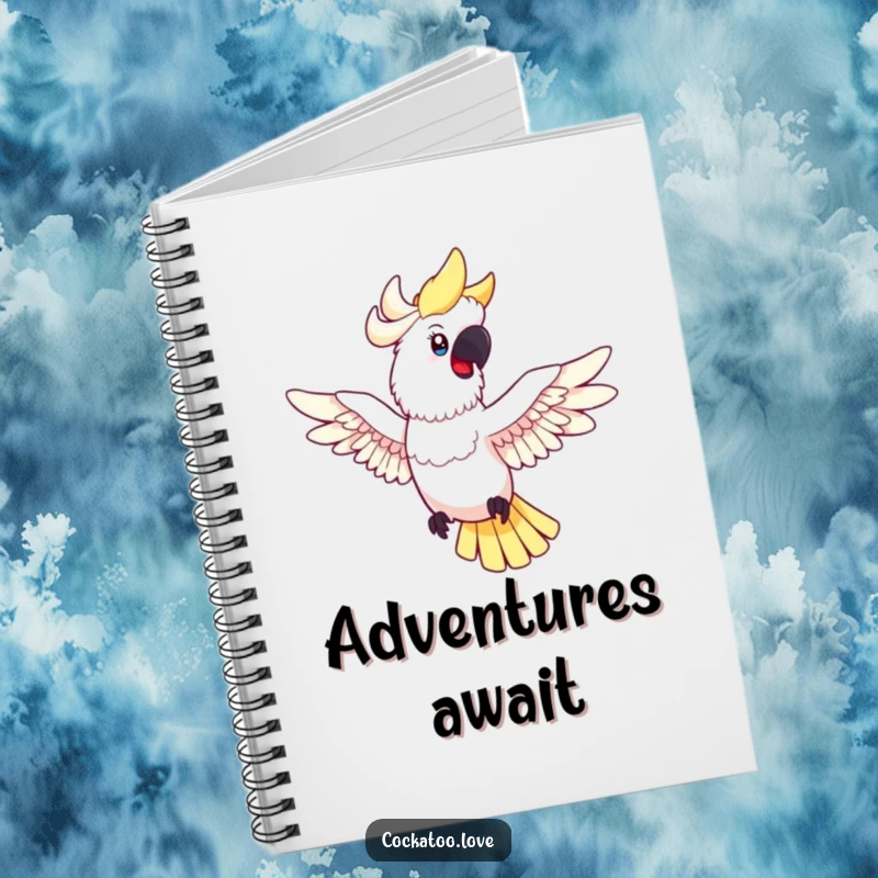 Funny cockatoo notebook with a happy bird showing spread wings in mid-flight, great for jotting down brilliant ideas and inspirations.