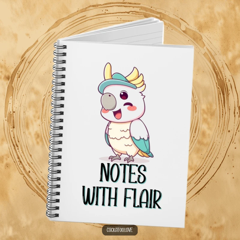Funny notebook cover showing a cockatoo wearing a small hat, joyfully squawking with glee.