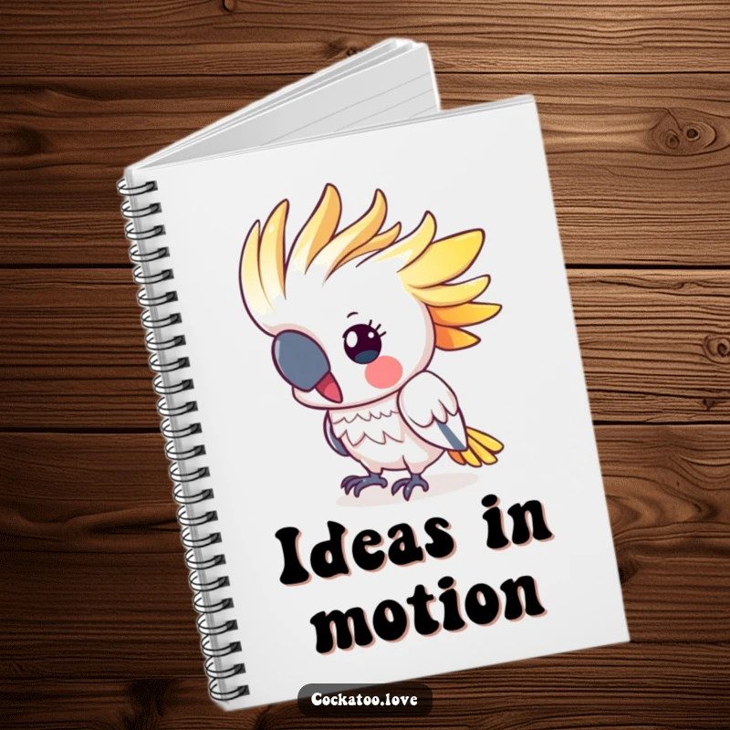 Funny cockatoo notebook with a cute, colorful crested bird energetically bobbing its head, ideal for jotting down notes with a smile.