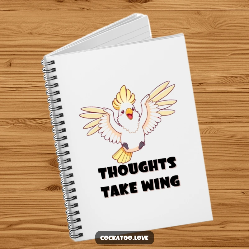 Funny notebook cover showing a happy cockatoo with wings outstretched, joyfully leaping through the air.
