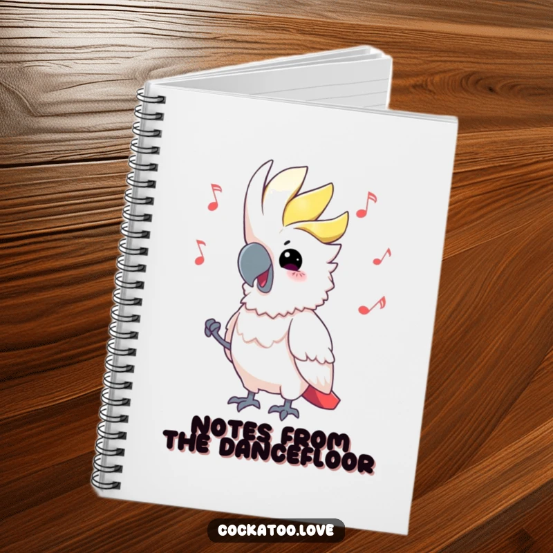 Funny Cockatoo Notebook with musical notes, head bobbing, perfect for jotting down ideas or lyrics, a humorous and useful funny gift.