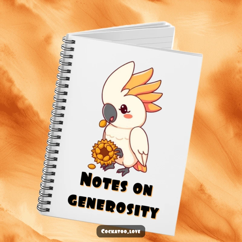 Funny cockatoo notebook showing a kind bird character offering a sunflower seed treat, great for notes.