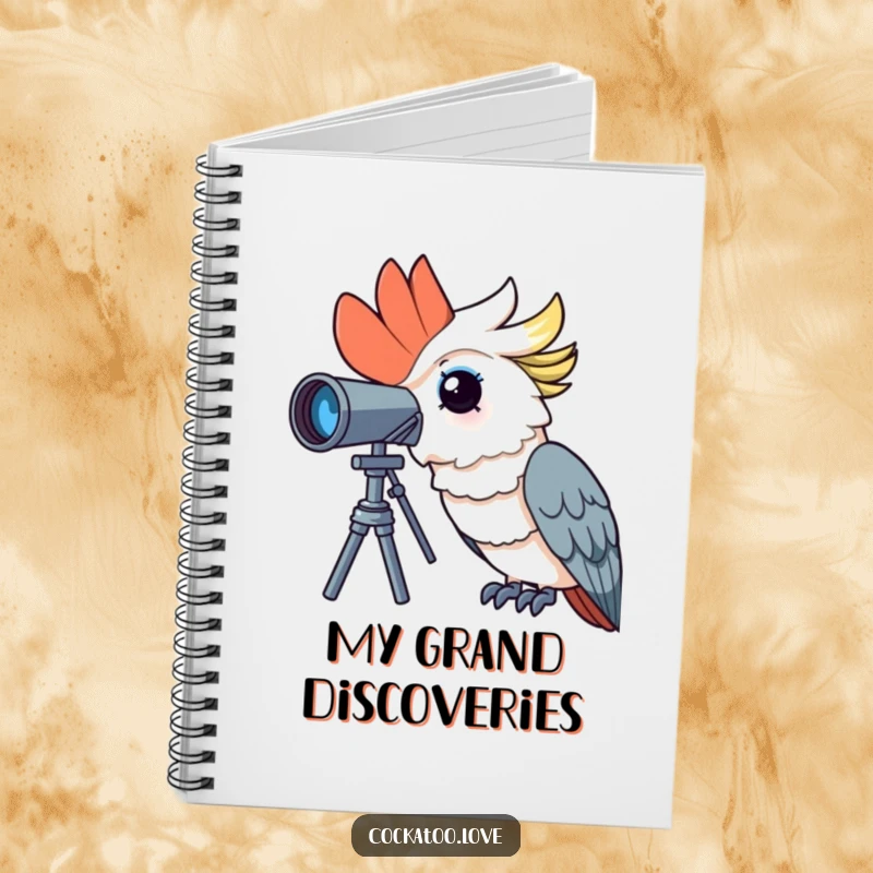 Funny cockatoo notebook with a curious bird looking through a telescope with wonder, perfect for humorous note-taking and journaling.
