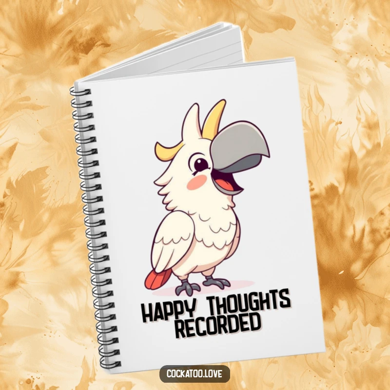 Funny Notebook featuring a happy cockatoo character squawking joyfully, ideal for jotting down happy thoughts and a great funny gift.