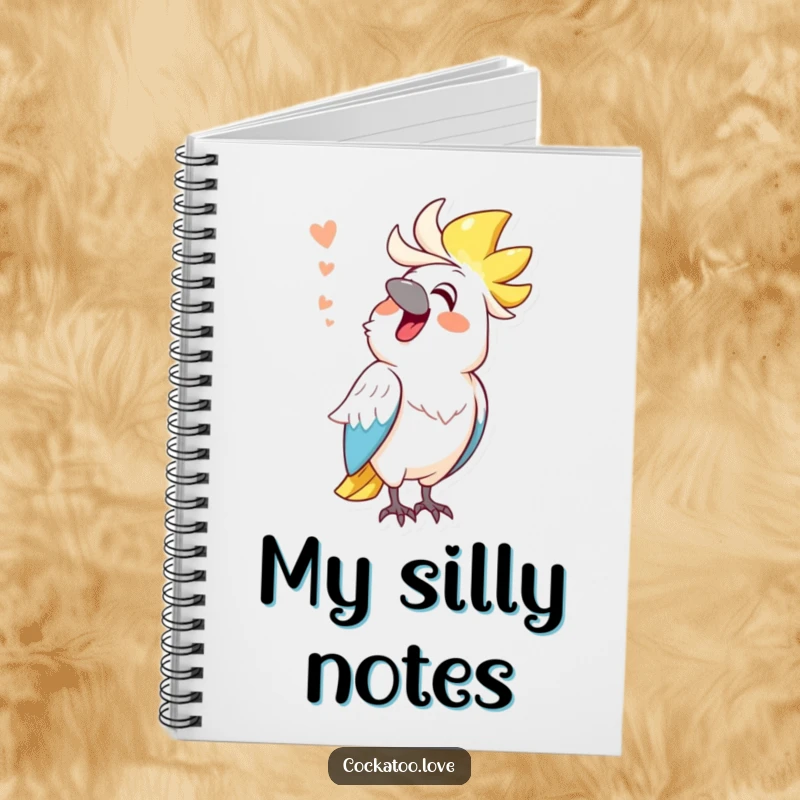 Funny cockatoo notebook, cheerful bird mimicking a funny sound, cute stationery, jotting down witty thoughts.
