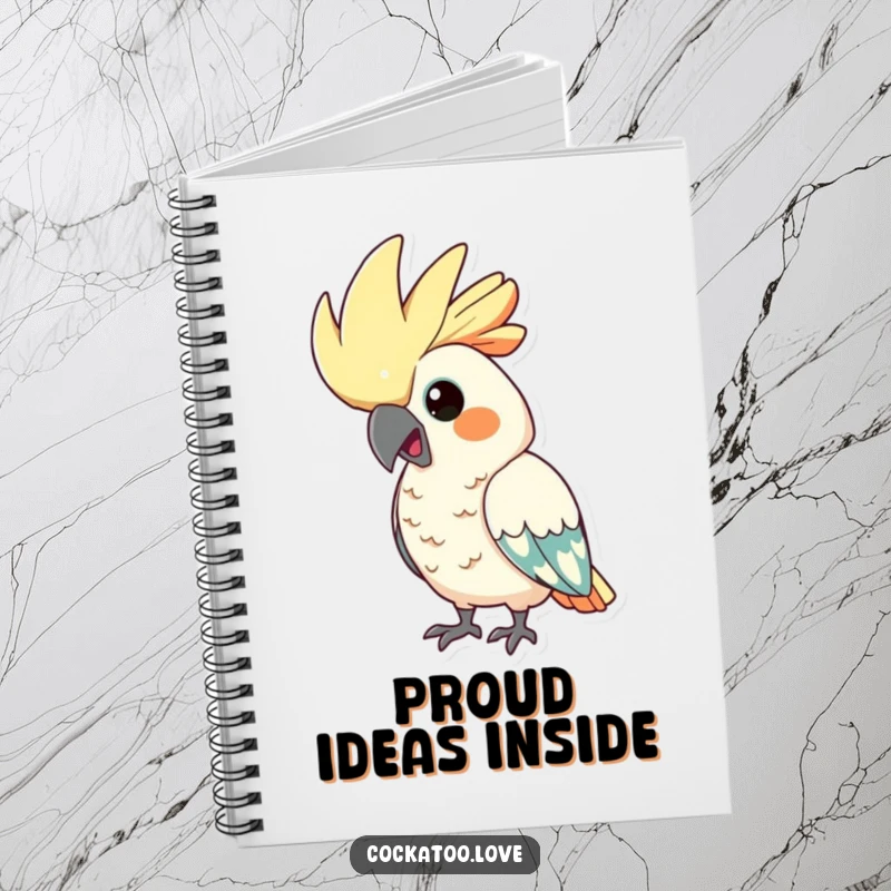 Funny cockatoo notebook, featuring a bird with its crest comically puffed up, ready to hold all your proud pronouncements.
