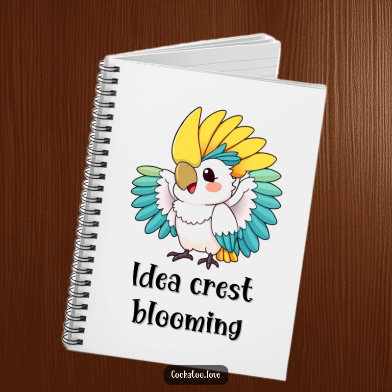 Funny notebook: A cockatoo fans its colorful crest excitedly, offering a vibrant and humorous companion for note-taking and journaling.