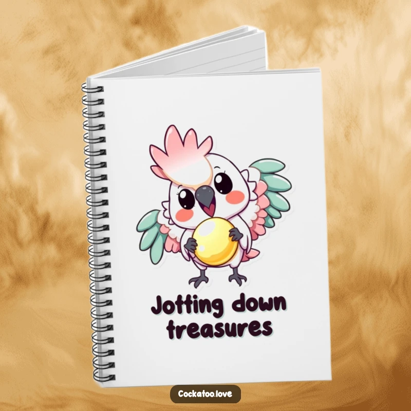 Funny notebook: A playful cockatoo offers a tiny, shiny object, offering a humorous and inspiring companion for note-taking.