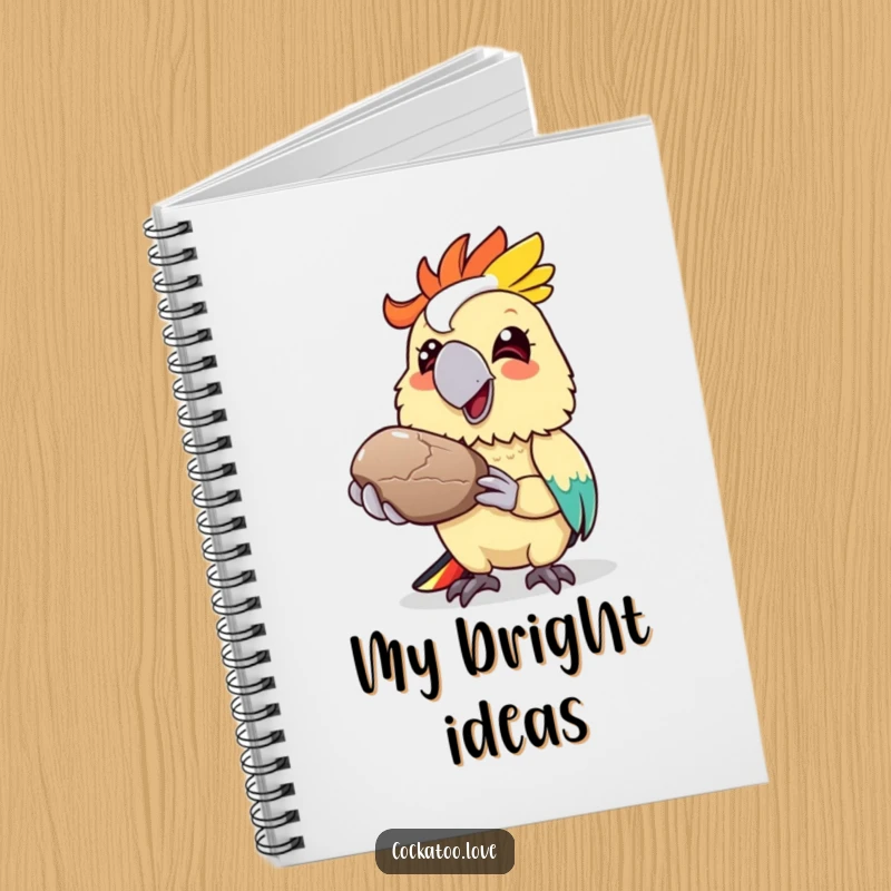Funny cockatoo notebook, colorful bird character offering a shiny pebble with a grin, cute stationery for kind ideas.