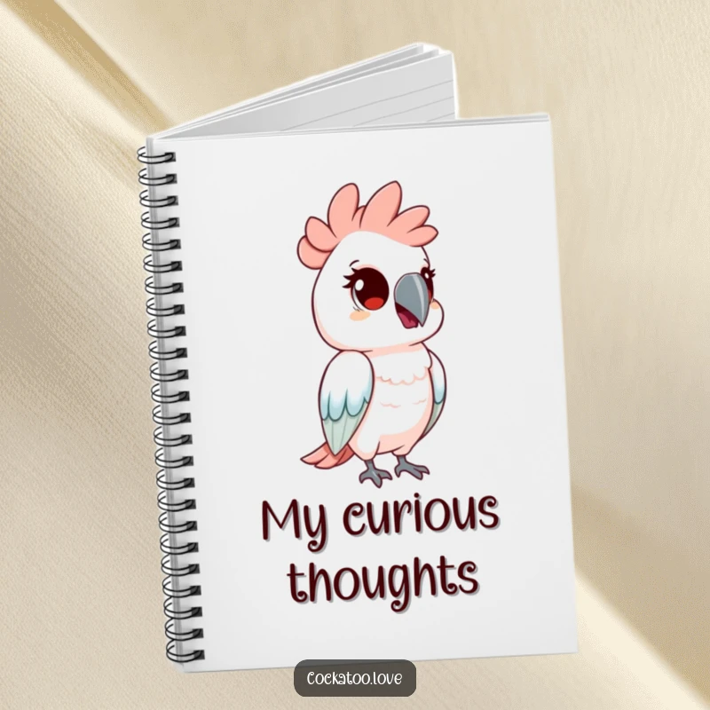 Funny notebook with a cockatoo bird tilting its head with curious eyes. This stationery encourages thoughtful exploration.