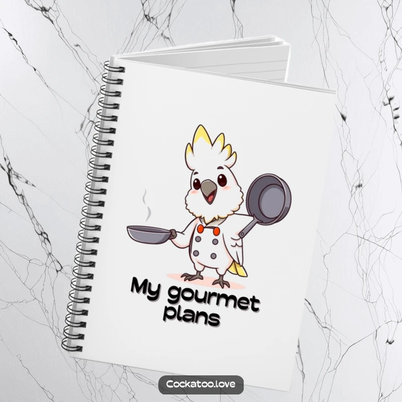 Funny Chef Cockatoo Notebook: A notebook with a happy cockatoo chef character tossing a pretend pan, ideal for recipes.