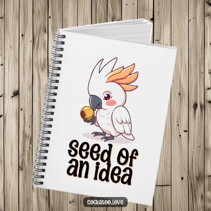 Funny Notebook with a determined cockatoo character pecking a seed, perfect for capturing focused ideas and a great funny gift.