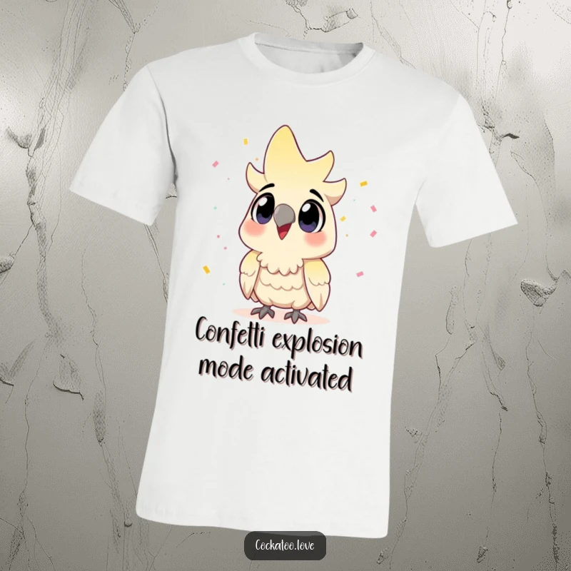 Funny Cockatoo T-Shirt: An ecstatic bird with wide eyes, looking up at a shower of confetti.