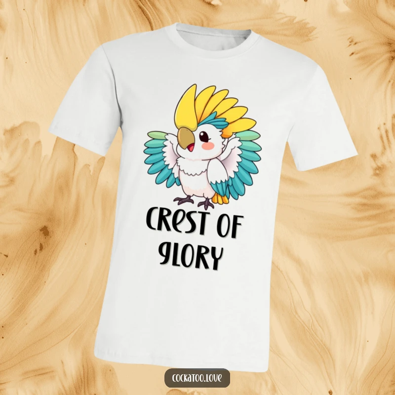 Funny t-shirt: A lively cockatoo fans its spectacular, colorful crest with dramatic flair and undeniable excitement, capturing a moment of avian fabulousness.