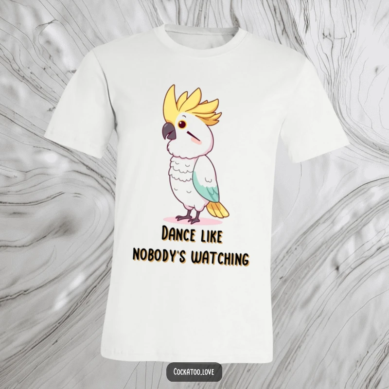 Funny Cockatoo Dancer T-Shirt: Adorable bird character humorously imitating a dancer with a charismatic head bobbing style.