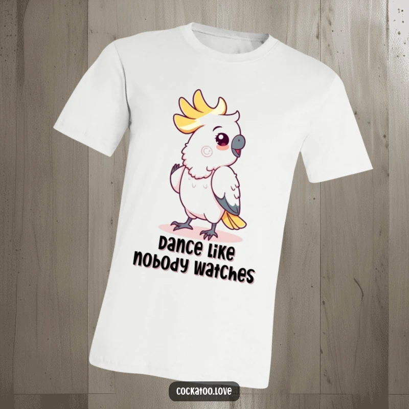 Funny cockatoo t-shirt, showing a bird doing a comical shuffle dance with a joyous, energetic pose.
