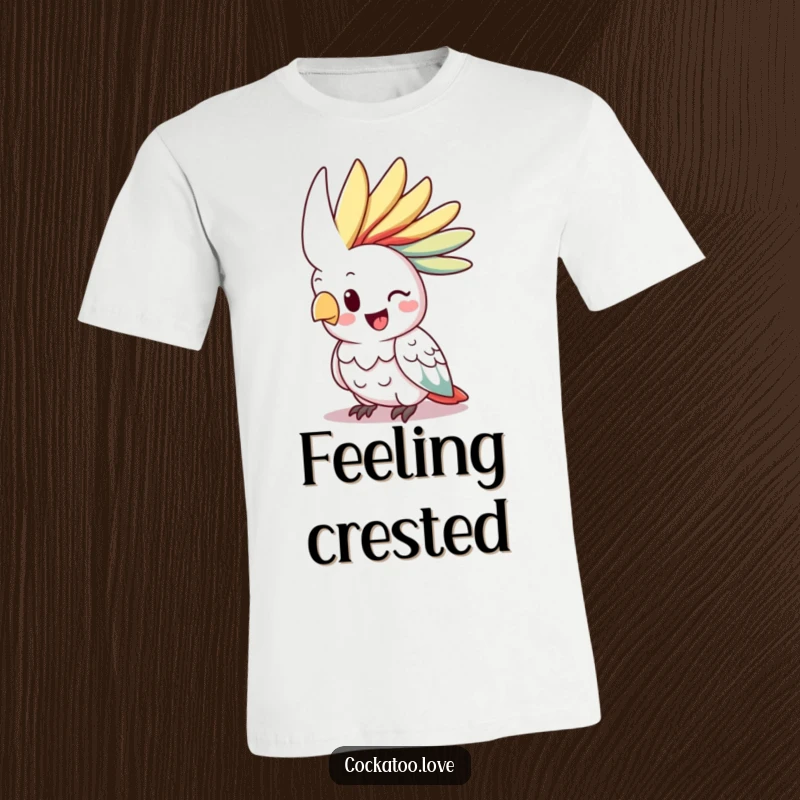 Funny happy cockatoo t-shirt, vibrant crest raised, cheerful bird illustration, expressive and fun apparel.