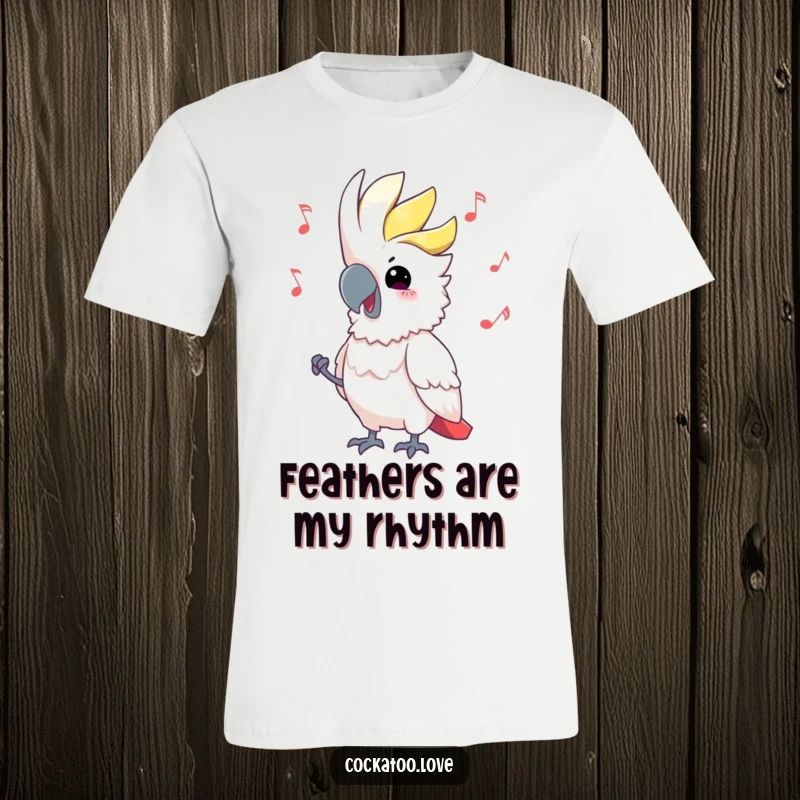 Funny Cockatoo T-Shirt jamming to music, head bobbing with vibrant energy, perfect for music lovers and a great funny gift.
