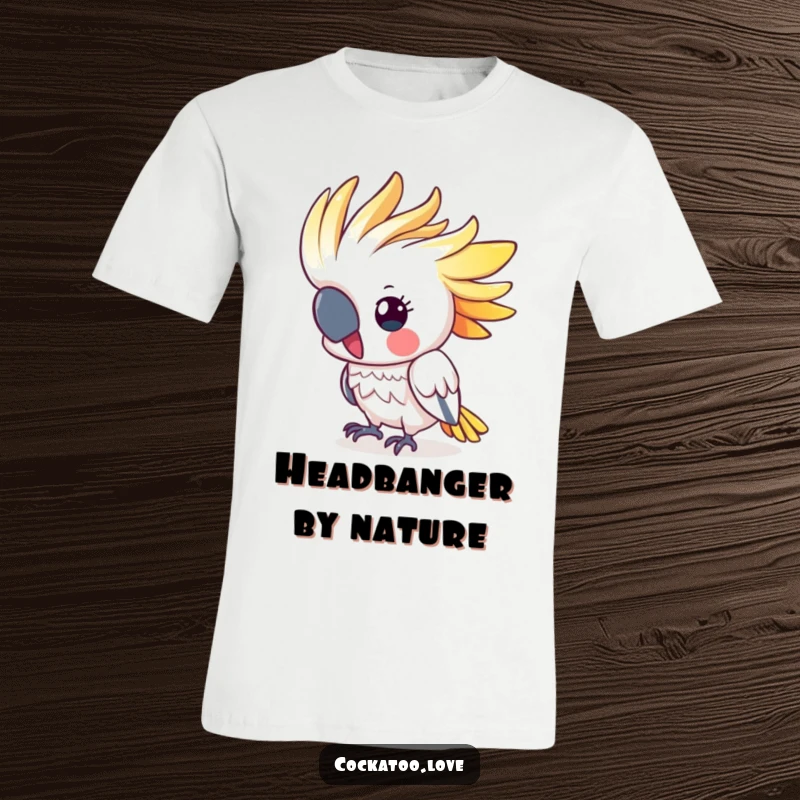 Funny cockatoo t-shirt with a cute, colorful crest energetically bobbing its head, capturing a moment of pure, unadulterated avian fun.