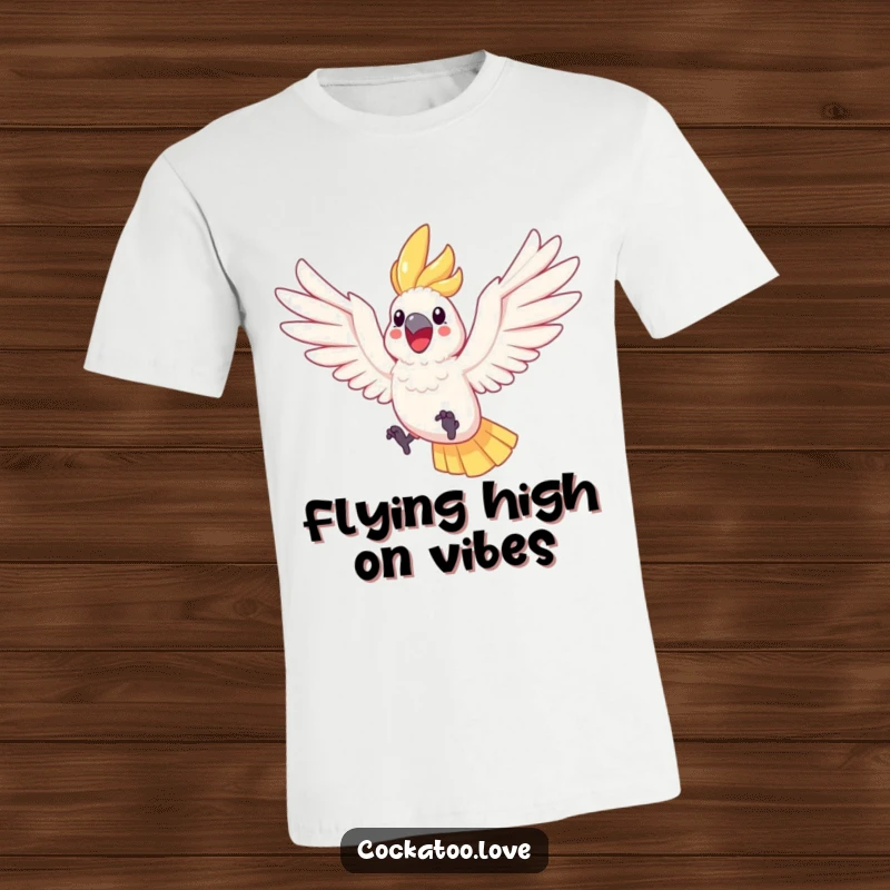 Funny Cockatoo Leaping T-Shirt a cheerful cockatoo spreads its wings and leaps joyfully, expressing pure, uninhibited happiness and freedom.