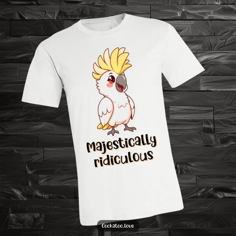 Funny Cockatoo Pose T-Shirt: Hilarious bird character with its crest fully raised, caught in a comical and attention-grabbing pose.