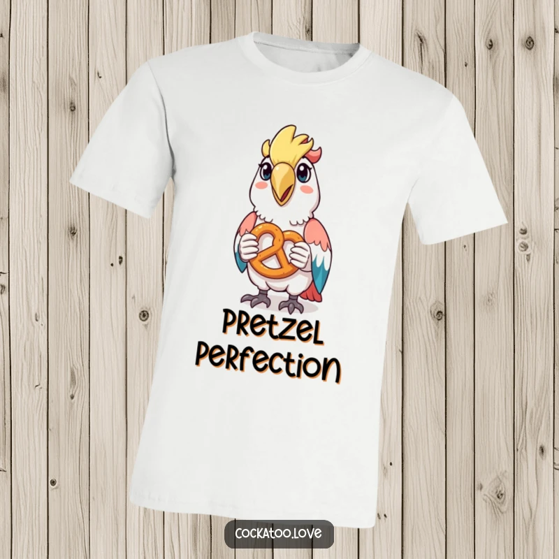 Funny t-shirt with a cockatoo character happily holding a tiny pretzel, celebrating the joy of snacks.