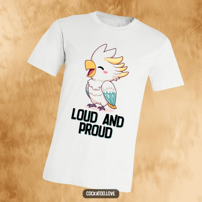 Funny cockatoo t-shirt with a cheerful bird and a bright beak squawking with delight, embodying pure, uninhibited joy.