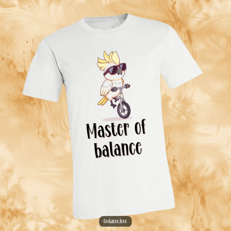 Funny cockatoo t-shirt, sunglasses on, skillfully balancing on a unicycle, conveying a laid-back and humorous personality.