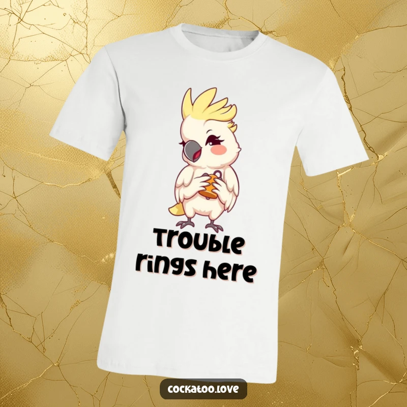 Funny Cockatoo T-Shirt giving a mischievous wink and holding a tiny bell, perfect for pranksters and a great funny gift.