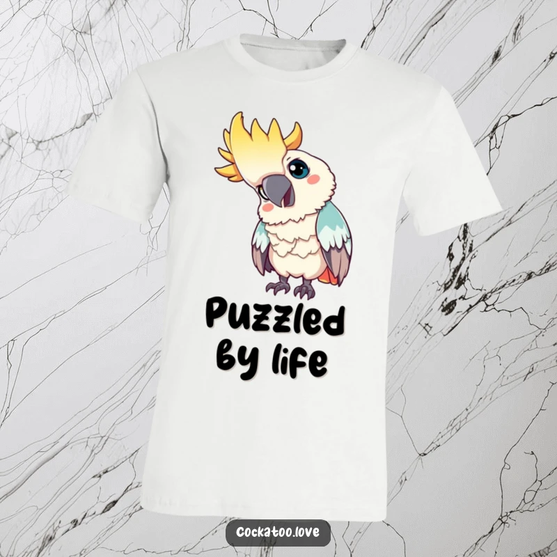 Funny t-shirt: A curious cockatoo tilts its head attentively, looking at something unseen, showcasing a moment of playful inquiry.
