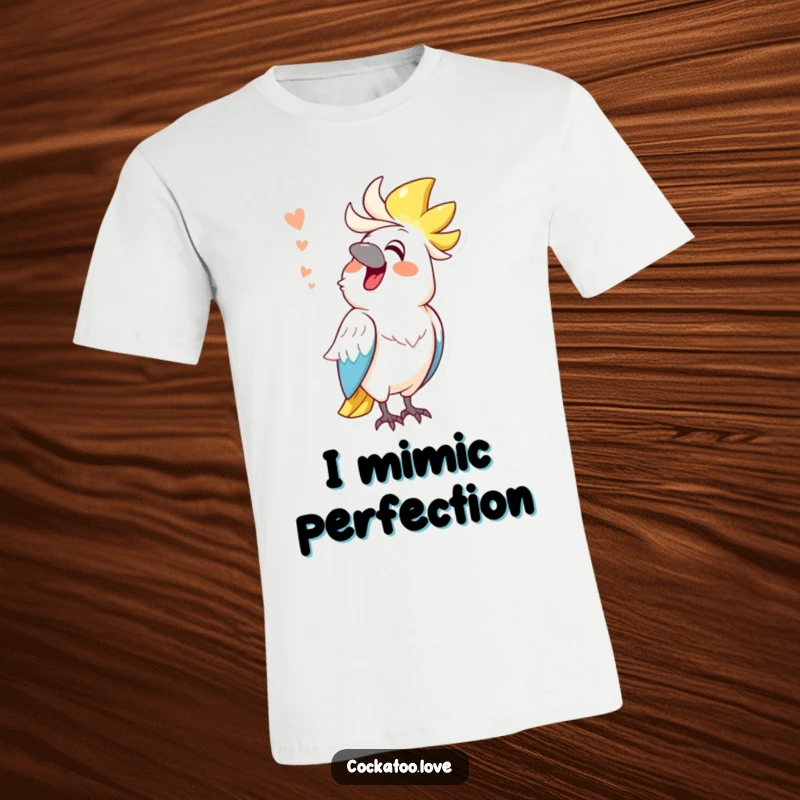 Funny cockatoo t-shirt, cheerful bird character mimicking a funny sound, humorous apparel, making people laugh.