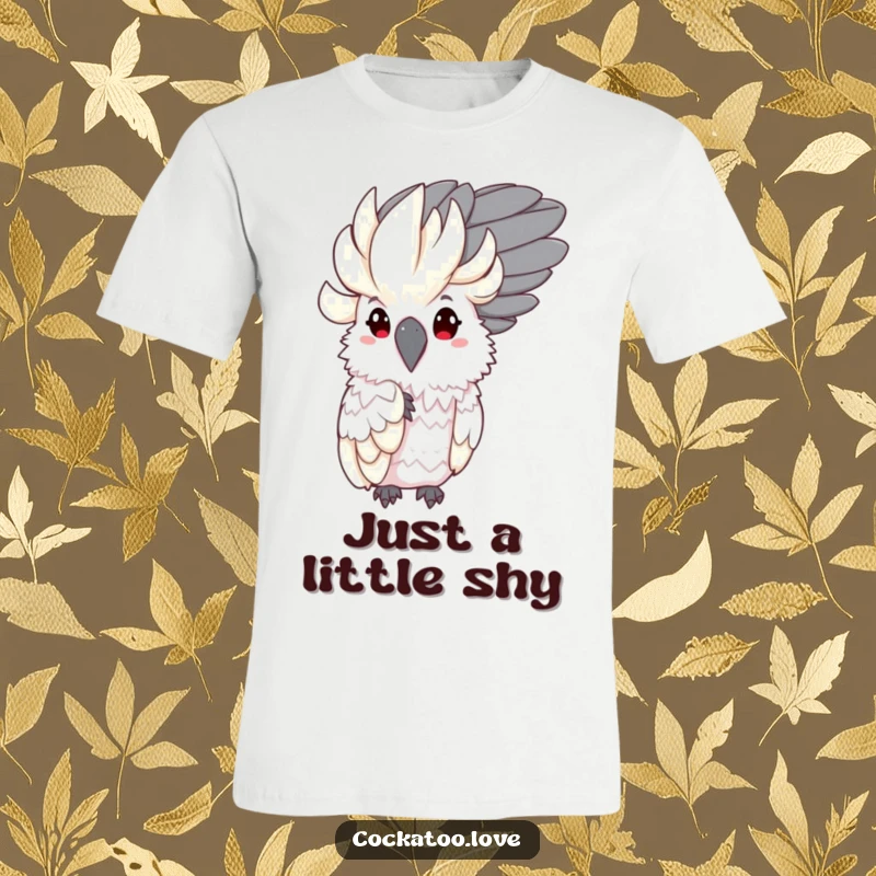 Funny Shy Cockatoo T-Shirt: Charming bird character humorously peeking out from behind a large feather, embodying shyness.