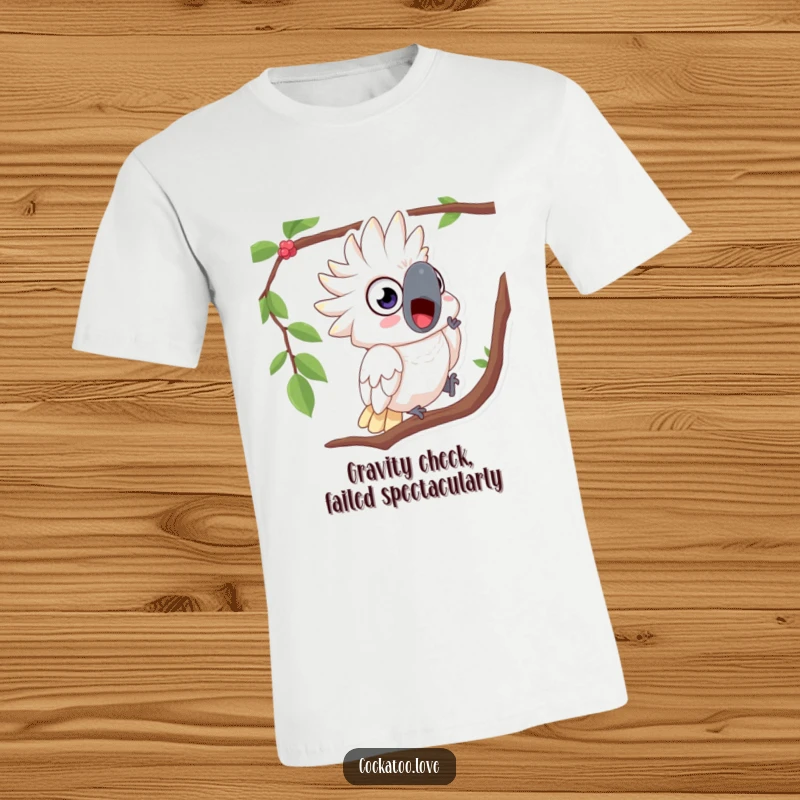 Funny t-shirt with a surprised cockatoo, wide eyes looking shocked as it tumbles awkwardly from a tree branch.