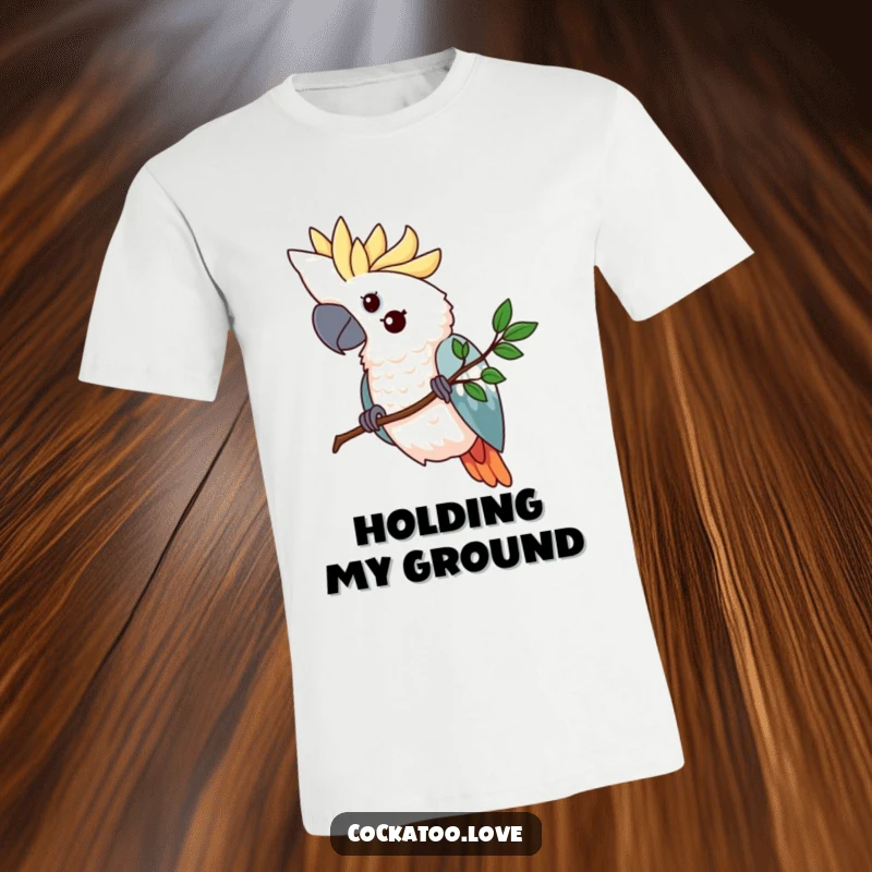 Funny cockatoo t-shirt showing a determined bird tightly gripping a tiny, stylized branch, representing resilience and unwavering focus.