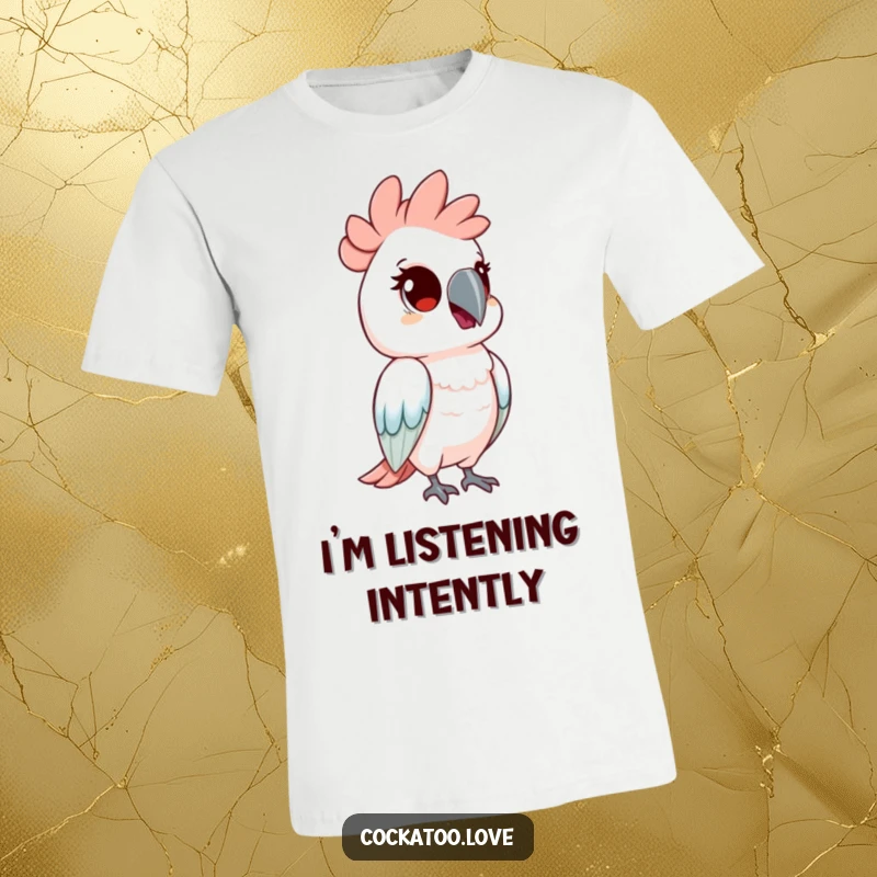 Funny t-shirt depicting a cockatoo bird tilting its head with large, curious eyes, pondering something intriguing. This design radiates inquisitiveness.