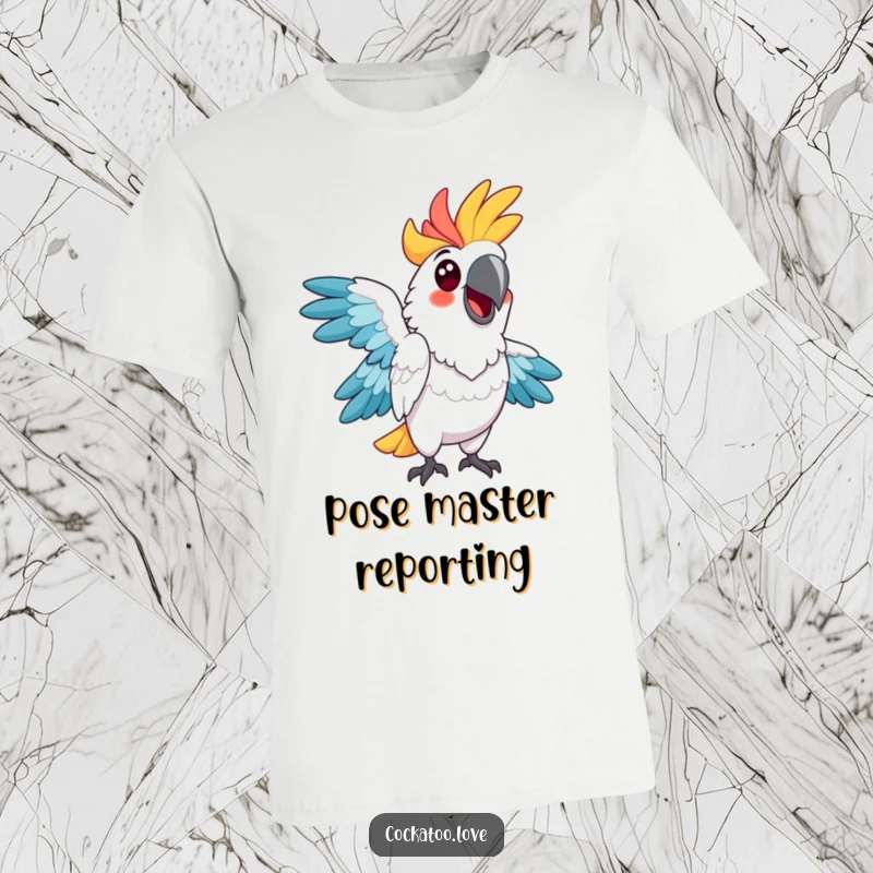 Funny cockatoo t-shirt, vibrant plumage, mimicking an amusing pose with a cheerful and comical demeanor.