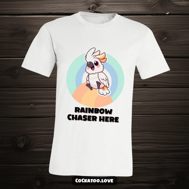 Joyful cockatoo t-shirt with a bird gleefully sliding down a bright rainbow, conveying pure happiness and excitement.