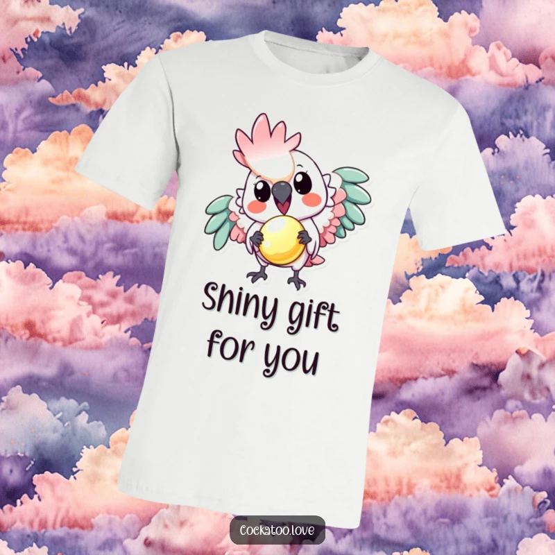 Funny t-shirt: A playful cockatoo offers a tiny, shiny object, symbolizing generosity and a sweet, funny exchange for bird lovers.